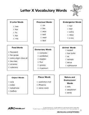 Free words that start with the letter x free printable list for kids from ABCmouse.com.