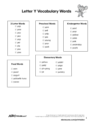 Free printable list of words that start with the letter y. 