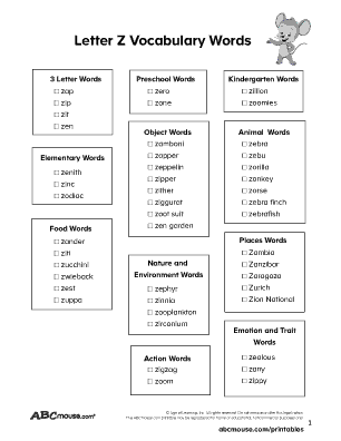 Free printable letter Z word lists for kids. 