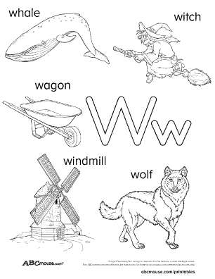 Free printable black and white coloring poster of words that start with the letter w for kids from ABCmouse.com. 