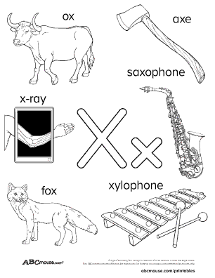 Free words that start with the letter x and have the letter in them printable black and white coloring poster for kids from ABCmouse.com.