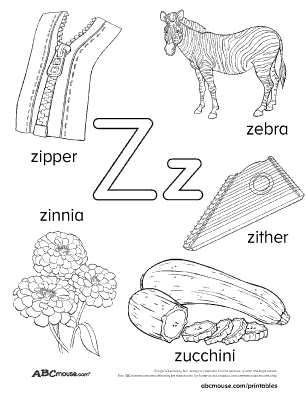 Free printable letter Z word lists for kids including zebra, zucchini, zipper, zinnia, and zither. 