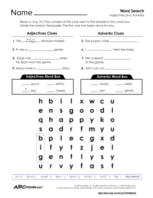 Free printable noun, verb, and adverb worksheet from ABCmouse.com. 