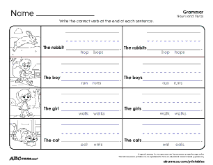 Free printable noun, verb, and adverb worksheet from ABCmouse.com. 