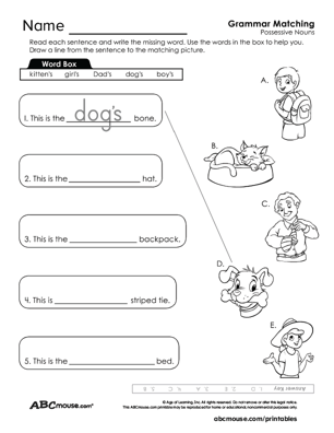 Free printable noun worksheet for kids from ABCmouse.com. 