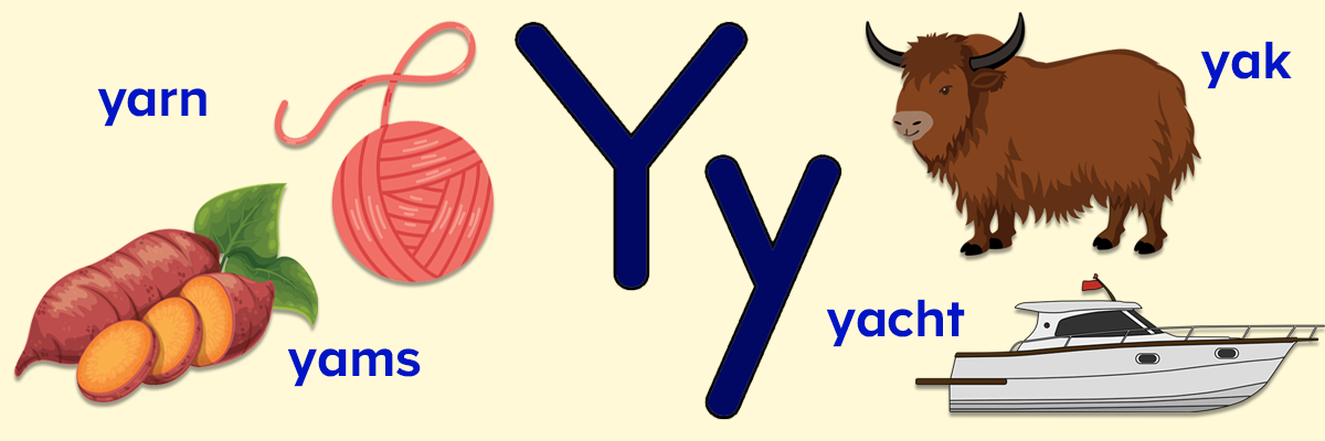 Words that start with the letter y colorful picture, including yacht, yams, yak, and yarn. 