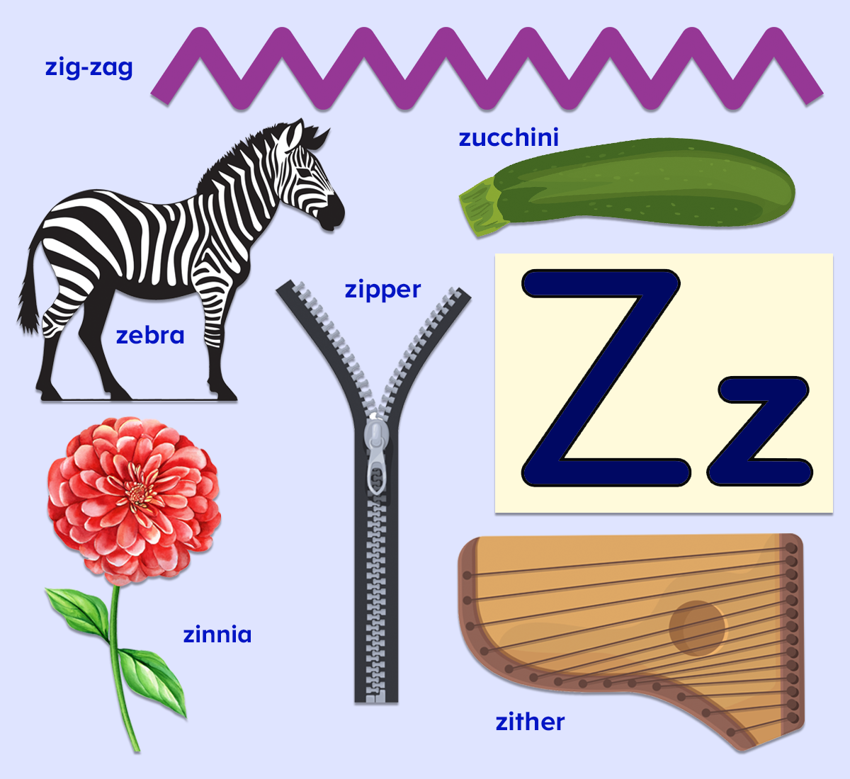 Free printable letter Z word lists for kids including zebra, zucchini, zipper, zinnia, and zither. 