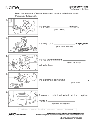 Free printable pre-fix and suffix worksheets from ABCmouse.com.