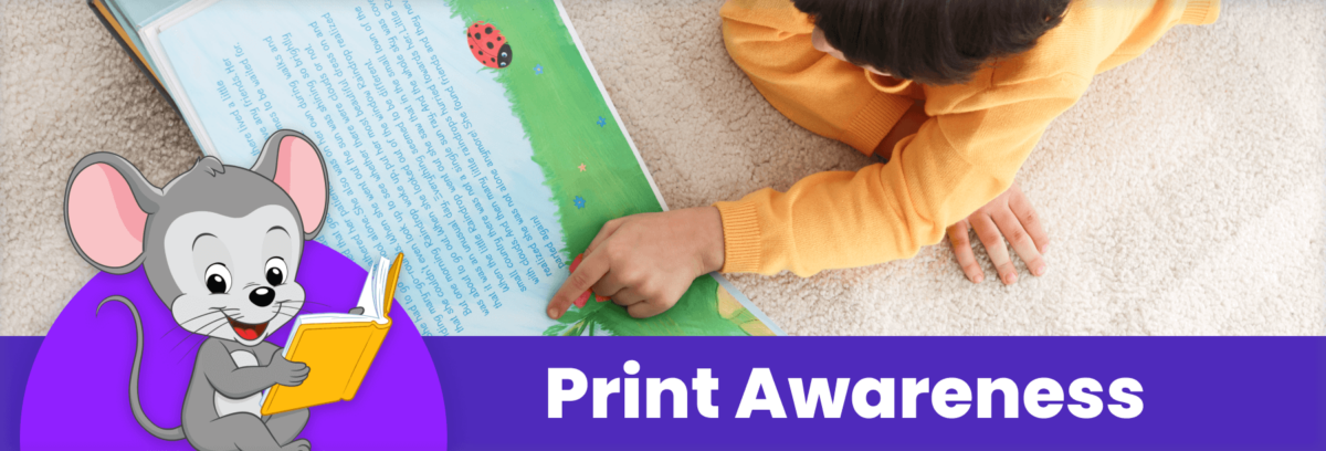 Print awareness with ABC and a boy reading a book. 