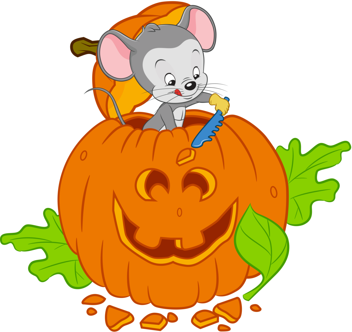 ABC mouse cutting up a Halloween pumpkin. 