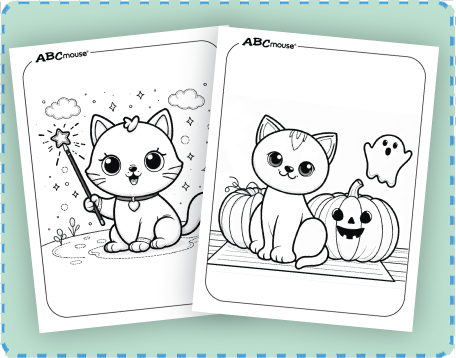 Free printable of cute Halloween cat coloring Pages from ABCmouse.com. 