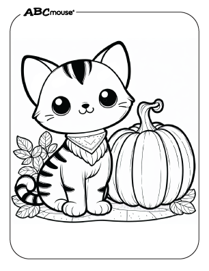 Free printable of cute Halloween cat sitting next to a pumpkin coloring page from ABCmouse.com. 