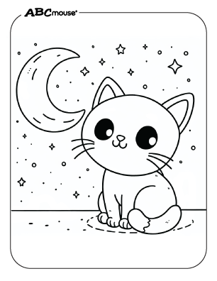 Free printable of cute Halloween cat under the moon coloring page from ABCmouse.com. 