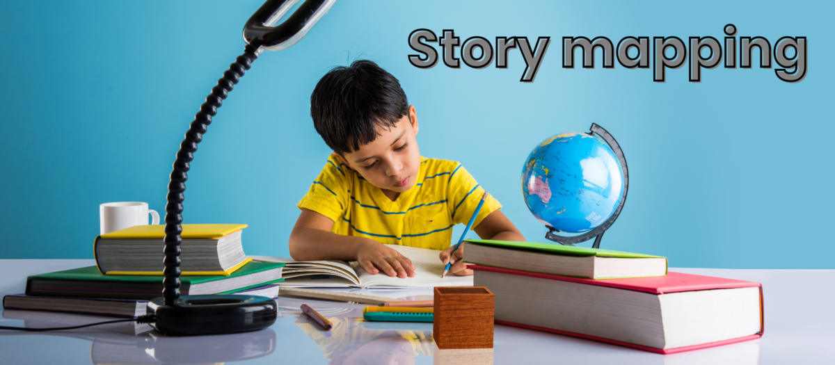 Young boy at a desk writing in a notebook with the word 'story mapping' above him. 