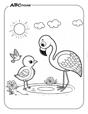 Cute flamingo with a bird coloring page from ABCmouse.com. 