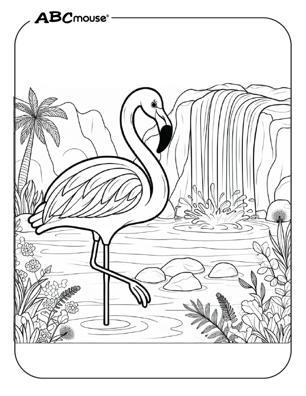 Cute flamingo in front of a waterfall coloring page from ABCmouse.com. 