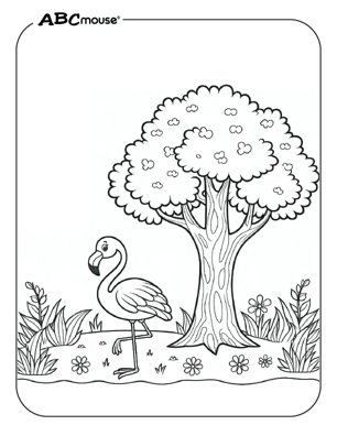 Cute flamingo by a tree coloring page from ABCmouse.com. 