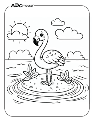 Cute flamingo on an island coloring page from ABCmouse.com. 