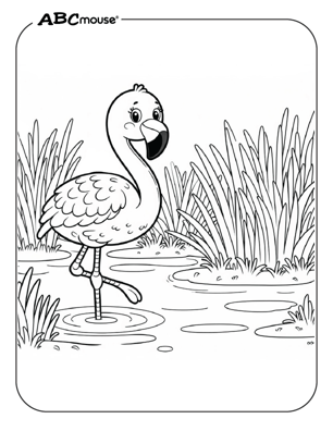 Cute flamingo in the marsh coloring page from ABCmouse.com. 