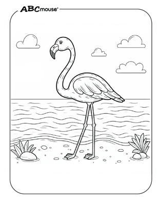 Cute flamingo on the beach coloring page from ABCmouse.com. 