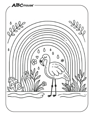 Cute flamingo under a rainbow coloring page from ABCmouse.com. 