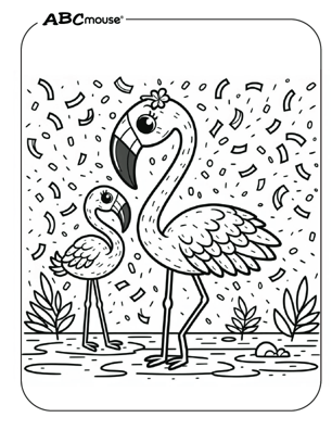 Cute flamingo and baby flamingo party coloring page from ABCmouse.com. 