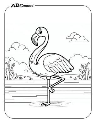 Cute flamingo on one leg coloring page from ABCmouse.com. 