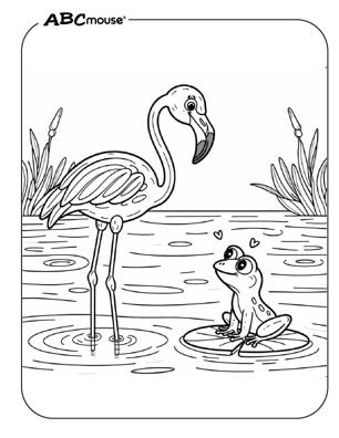 Cute flamingo with frog coloring page from ABCmouse.com. 