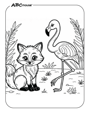 Cute flamingo with fox coloring page from ABCmouse.com. 