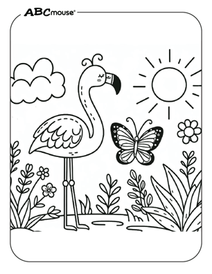 Cute flamingo with a butterfly coloring page from ABCmouse.com. 