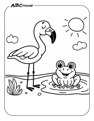 Cute flamingo with a frog coloring page from ABCmouse.com. 