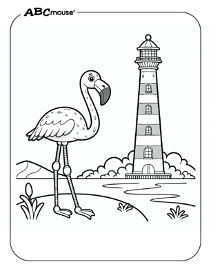 Cute flamingo near a lighthouse coloring page from ABCmouse.com. 