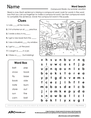 Free printable compound word word search worksheet from ABCmouse.com. 