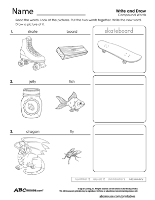 Free printable compound word write and draw worksheet from ABCmouse.com. 