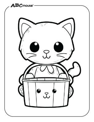 Free printable of cute Halloween cat with pail coloring page from ABCmouse.com. 