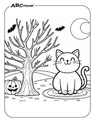 Free printable of cute Halloween cat under a tree coloring page from ABCmouse.com. 