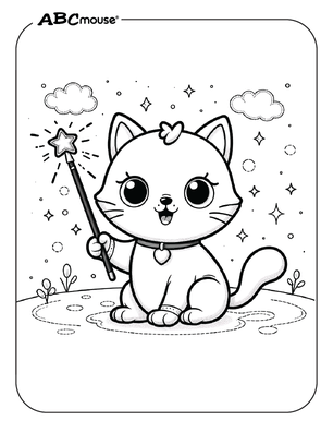 Free printable of cute Halloween cat with a wand coloring page from ABCmouse.com. 