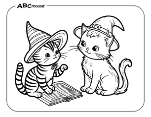 Free printable of cute Halloween cats reading a spell book coloring page from ABCmouse.com. 