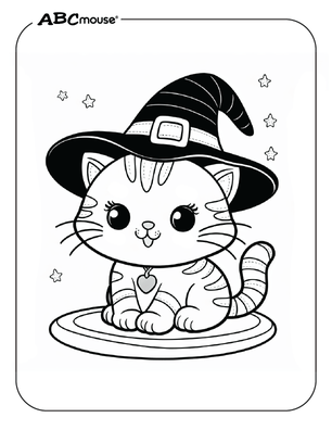 Free printable of cute Halloween cat wearing a hat coloring page from ABCmouse.com. 