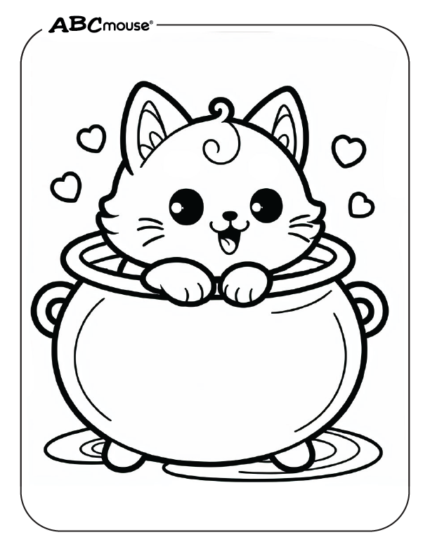 Free printable of cute Halloween cat in a cauldron coloring page from ABCmouse.com. 