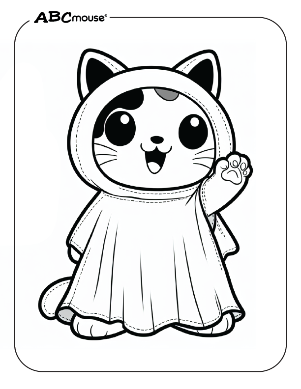 Free printable of cute Halloween cat in a ghost costume coloring page from ABCmouse.com. 