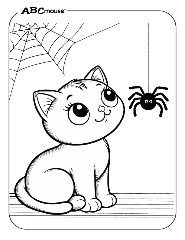 Free printable of cute Halloween cat with a spider coloring page from ABCmouse.com. 