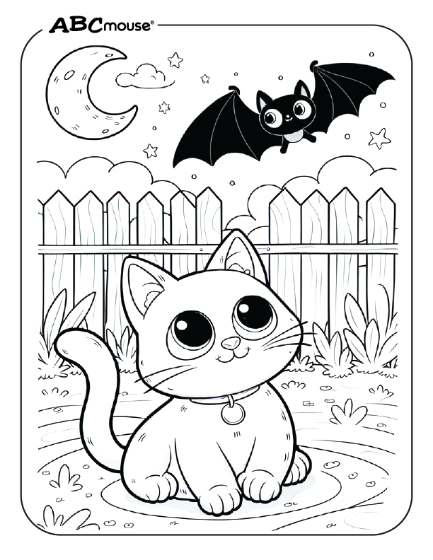 Free printable of cute Halloween cat looking at a bat coloring page from ABCmouse.com. 