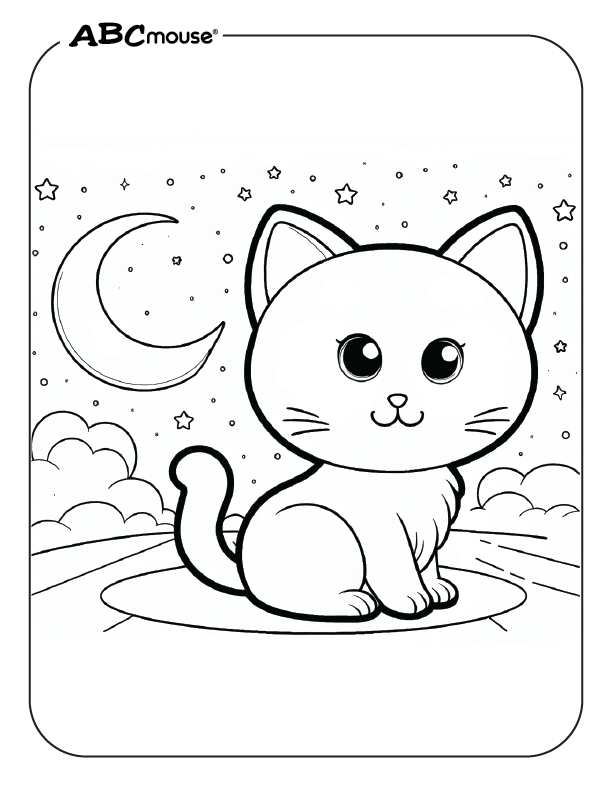 Free printable of cute Halloween cat under the moon coloring page from ABCmouse.com. 