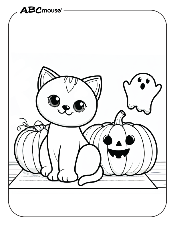 Free printable of cute Halloween cat near jack o lanterns coloring page from ABCmouse.com. 