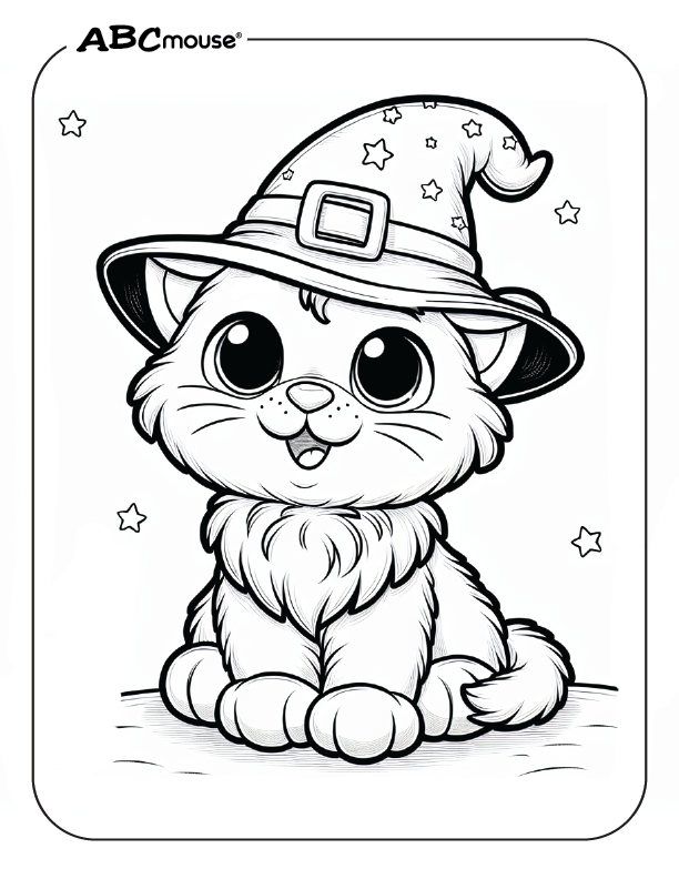 Free printable of cute Halloween cat with witches hat coloring page from ABCmouse.com. 