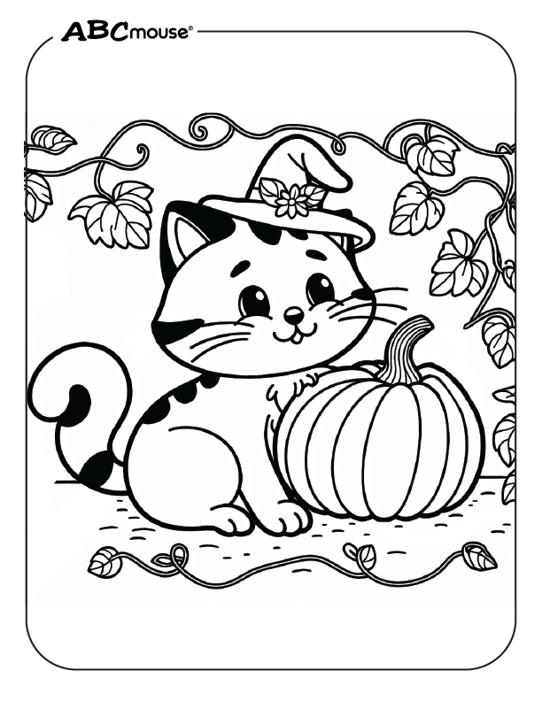 Free printable of cute Halloween cat with a pumpkin coloring page from ABCmouse.com. 