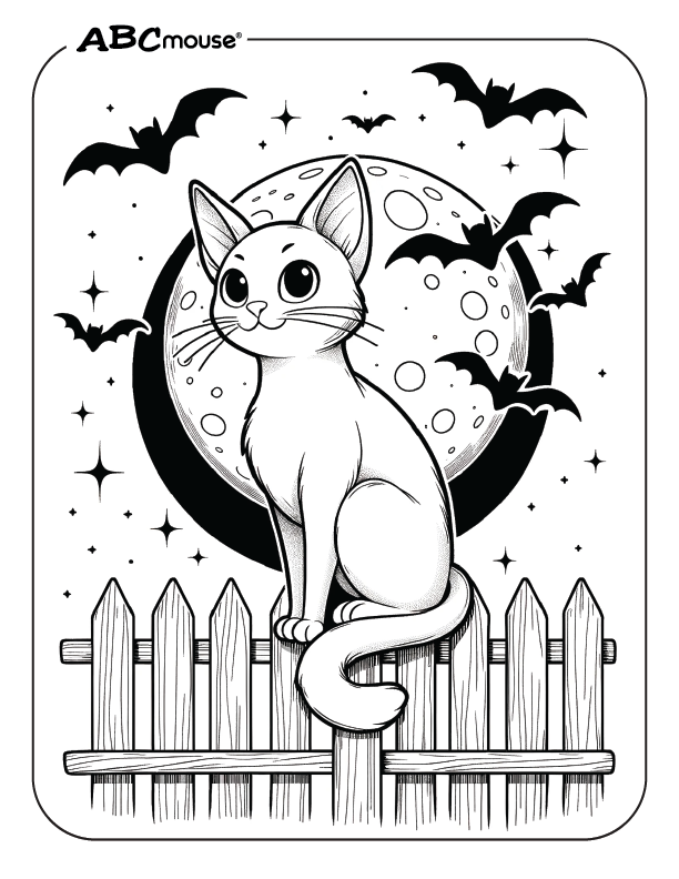 Free printable of cute Halloween cat sitting on a fence coloring page from ABCmouse.com. 