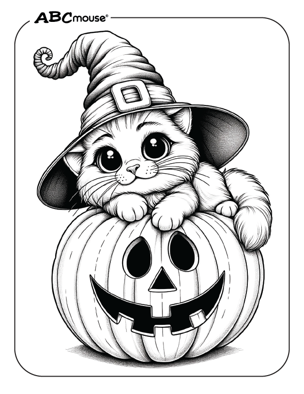 Free printable of cute Halloween cat laying on a pumpkin coloring page from ABCmouse.com. 