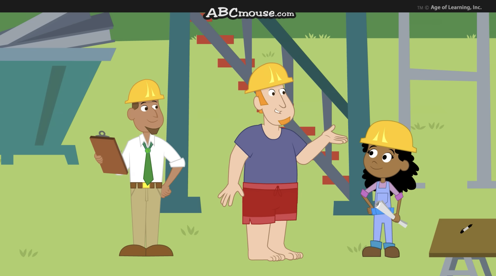 A screen shot from a YouTube cartoon video of construction workers and a kid learning addition. 